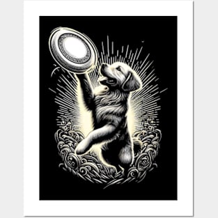 Golden retriever dog holding a flying saucer in the air Posters and Art